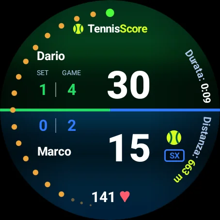 TennisScore su un orologio Wear OS: punteggio, set e game, battito